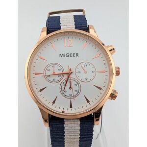 Migeer Watch Men 42mm Gold Case Blue/White Canvas Band- New Battery